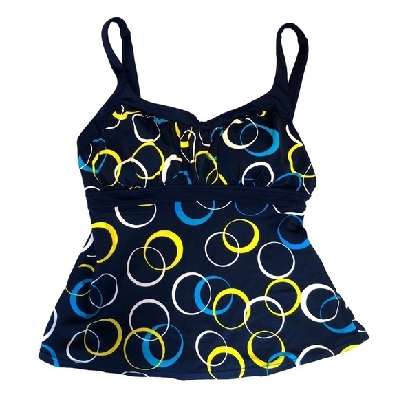 CARIBBEAN JOE - Navy Blue Tankini Tank Top w/ White & Yellow Circles - Size 10 - Picture 1 of 6
